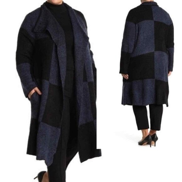 Joseph A Sweaters - Joseph A. Buffalo Check Longline Duster Cardigan Blue Black